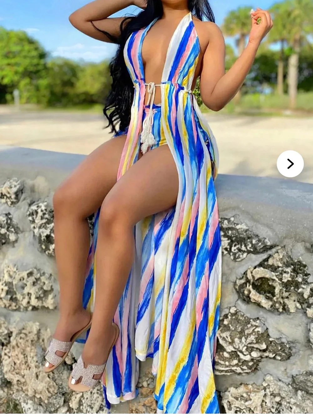 NEW Gypsy Rose Short Set Medium Striped Multicolor Halter Wrap Dress with Shorts